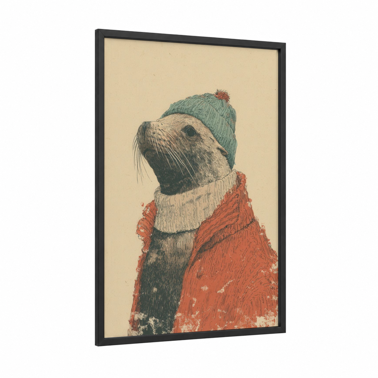 Cozy Sea Lion framed art print — black wood frame — cream and russet palette