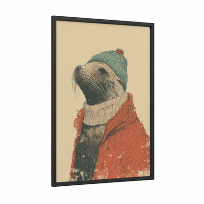 Cozy Sea Lion framed art print — black wood frame — cream and russet palette