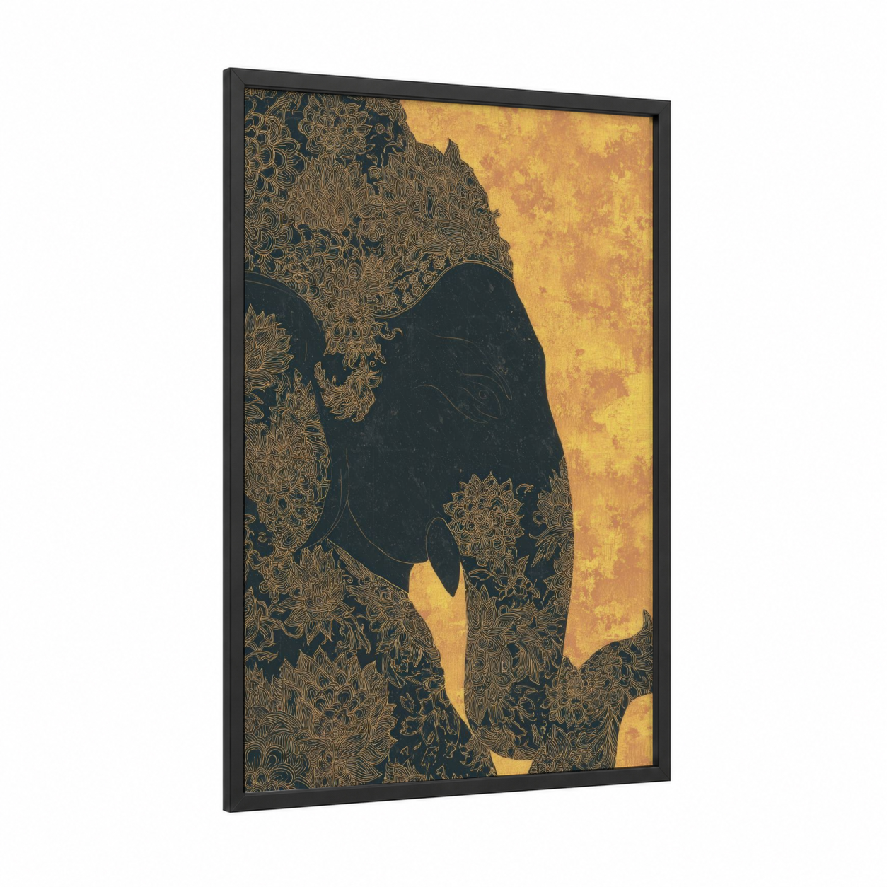 Golden Elephant Grace framed hindu holidays print — black wood frame — gold and black palette