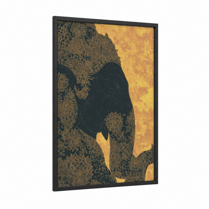 Golden Elephant Grace framed hindu holidays print — black wood frame — gold and black palette