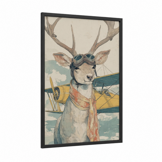 Aviator Reindeer framed art print — black wood frame — cream and teal palette