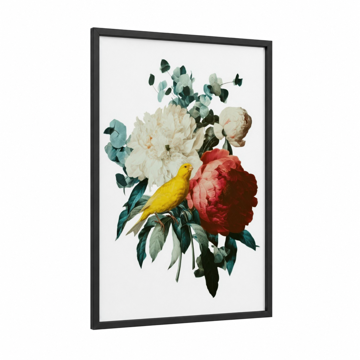 Yellow Canary Bouquet framed canaries print — black wood frame — cream and dark green palette