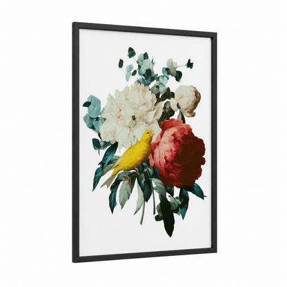 Yellow Canary Bouquet framed canaries print — black wood frame — cream and dark green palette