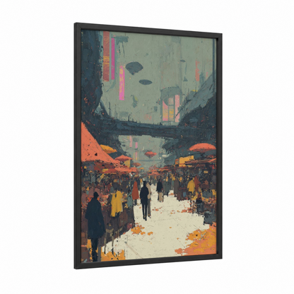 Neon Market Future framed sci-fi print — black wood frame — orange and gray palette