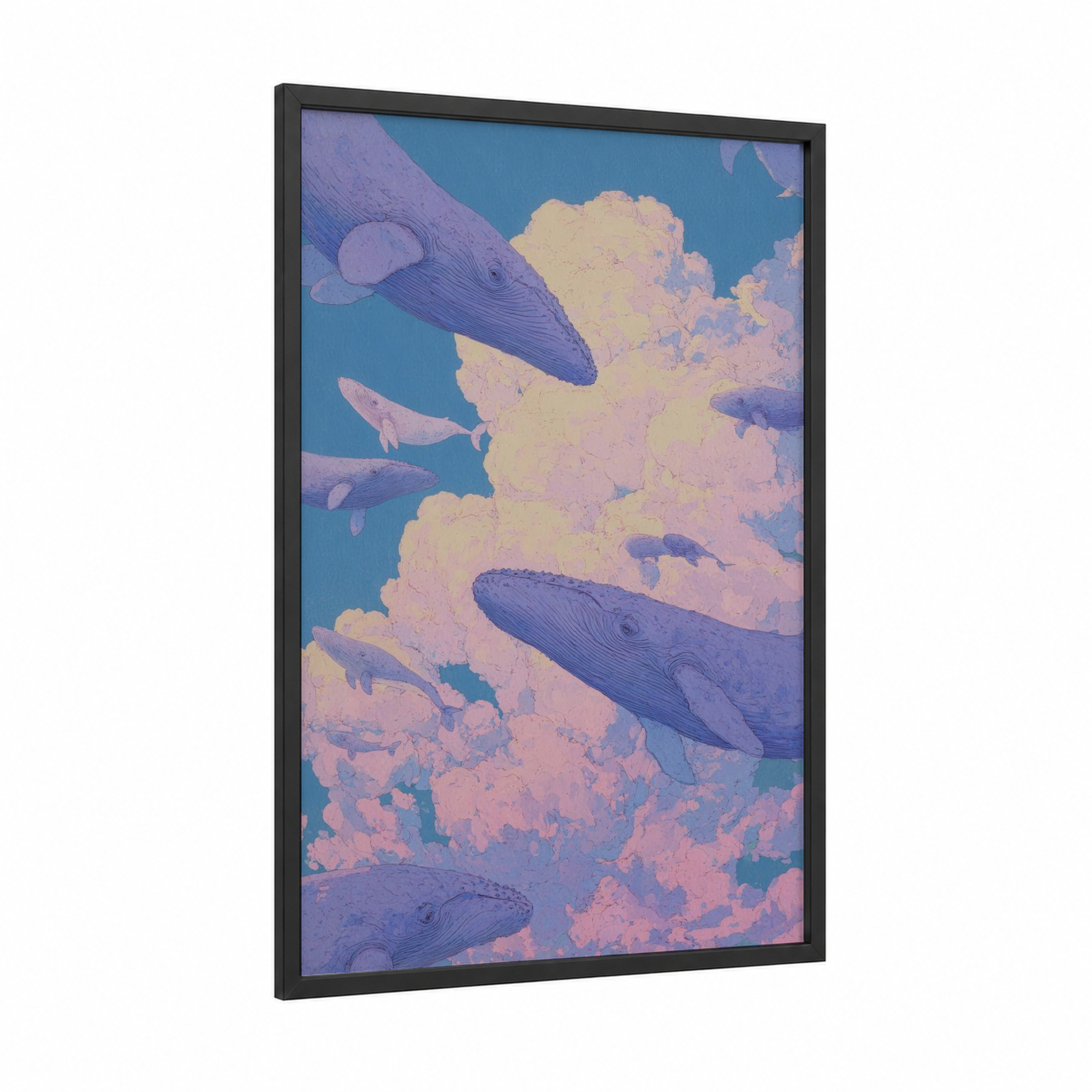 Dreaming Whales framed sperm whale print — black wood frame — blue and pink palette