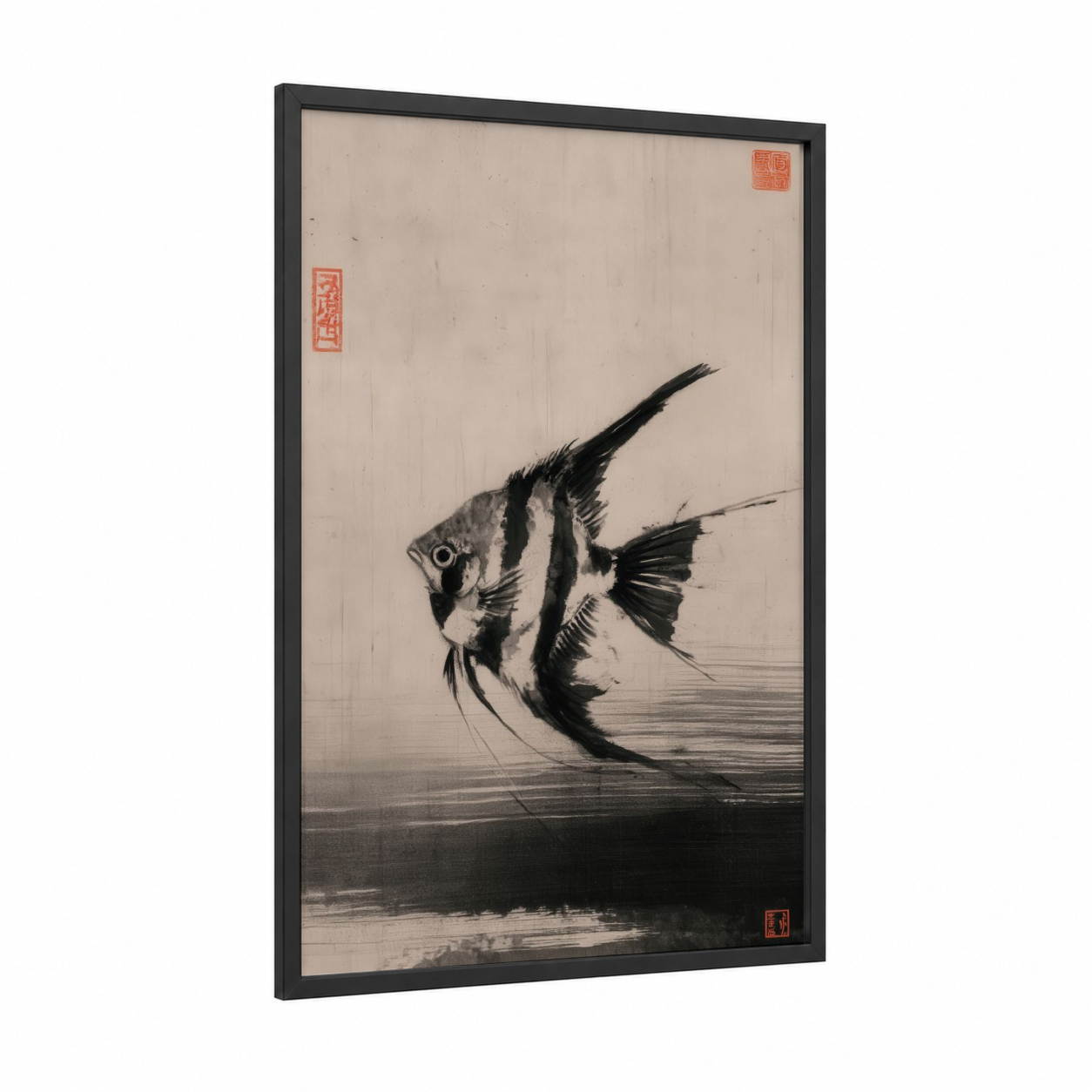Striped Angel Fish framed art print — black wood frame — black and white palette