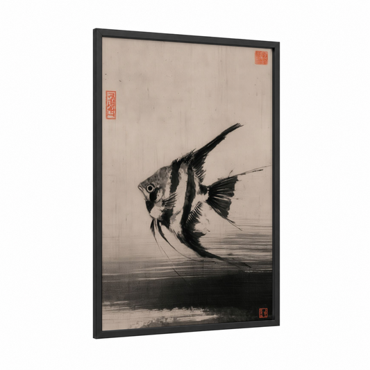 Striped Angel Fish framed art print — black wood frame — black and white palette