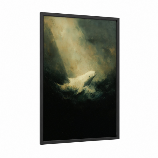 Ethereal Beluga framed beluga whale print — black wood frame — dove gray and cream palette