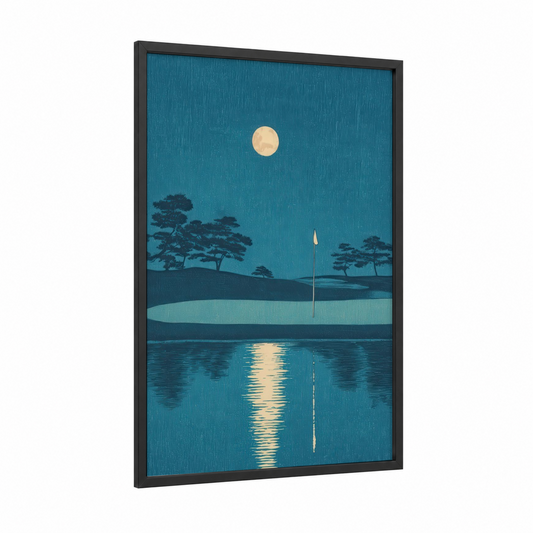 Moonlit Golf Course framed art print — black wood frame — teal and cream palette