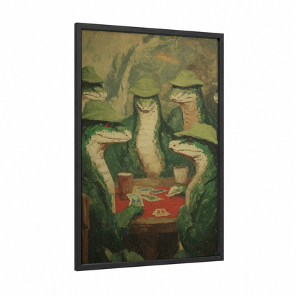 Poker Pythons framed art print — black wood frame — green and cream palette