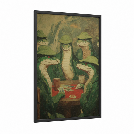Poker Pythons framed art print — black wood frame — green and cream palette