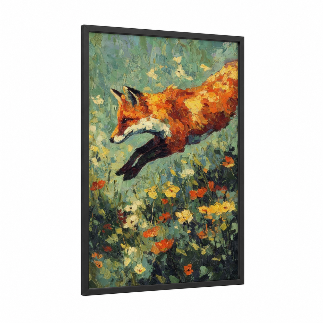 Leaping Fox framed art print — black wood frame — gold and green palette
