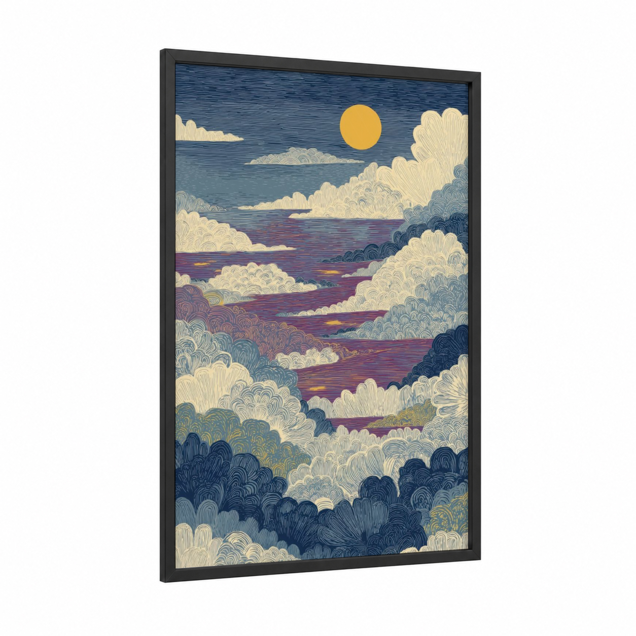 Golden Morning Sky framed art print — black wood frame — gold and blue and white palette