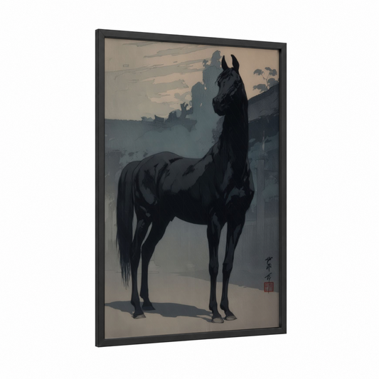 Mystical Arabian Horse framed art print — black wood frame — black and white and dove gray palette