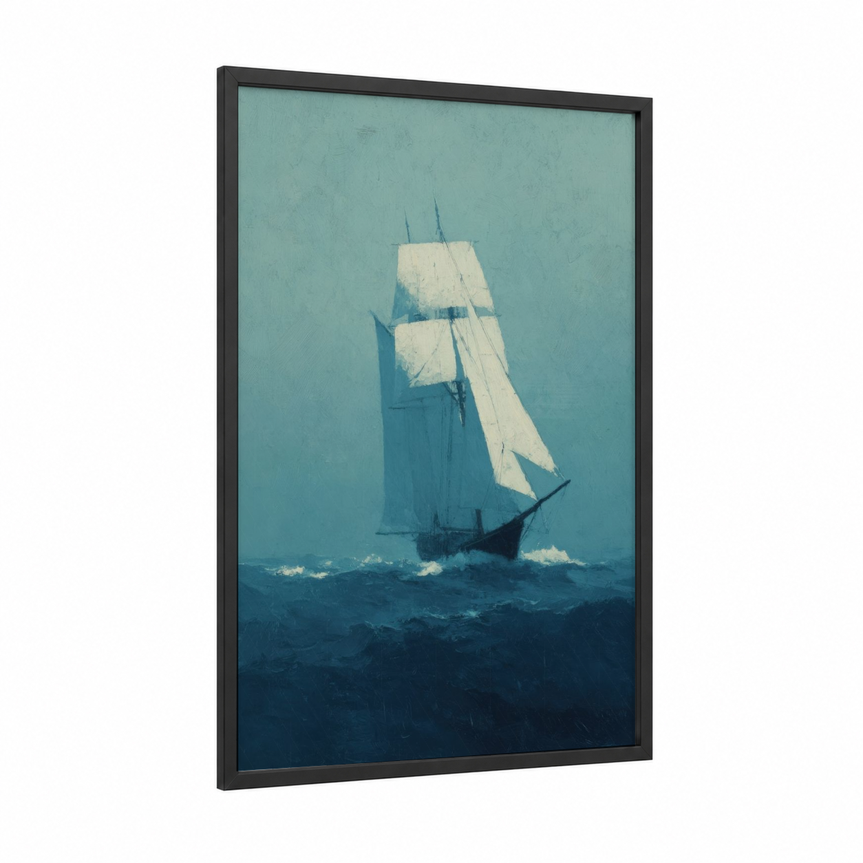 Majestic Sailing Vessel framed art print — black wood frame — blue and white and teal palette