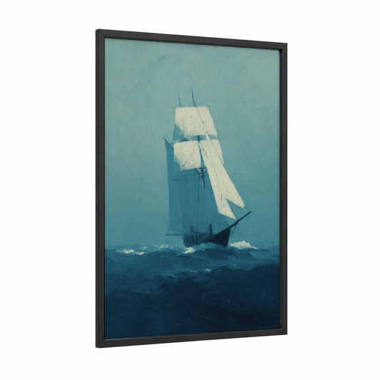 Majestic Sailing Vessel framed art print — black wood frame — blue and white and teal palette