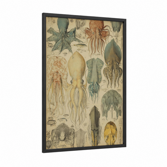 Vintage Squid Study framed art print — black wood frame — cream and olive palette