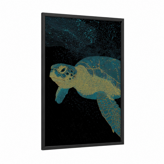 Cosmic Sea Turtle framed art print — black wood frame — teal and gold palette