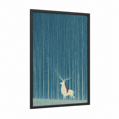 Enchanted Deer framed kids magic and fantasy print — black wood frame — blue and white palette
