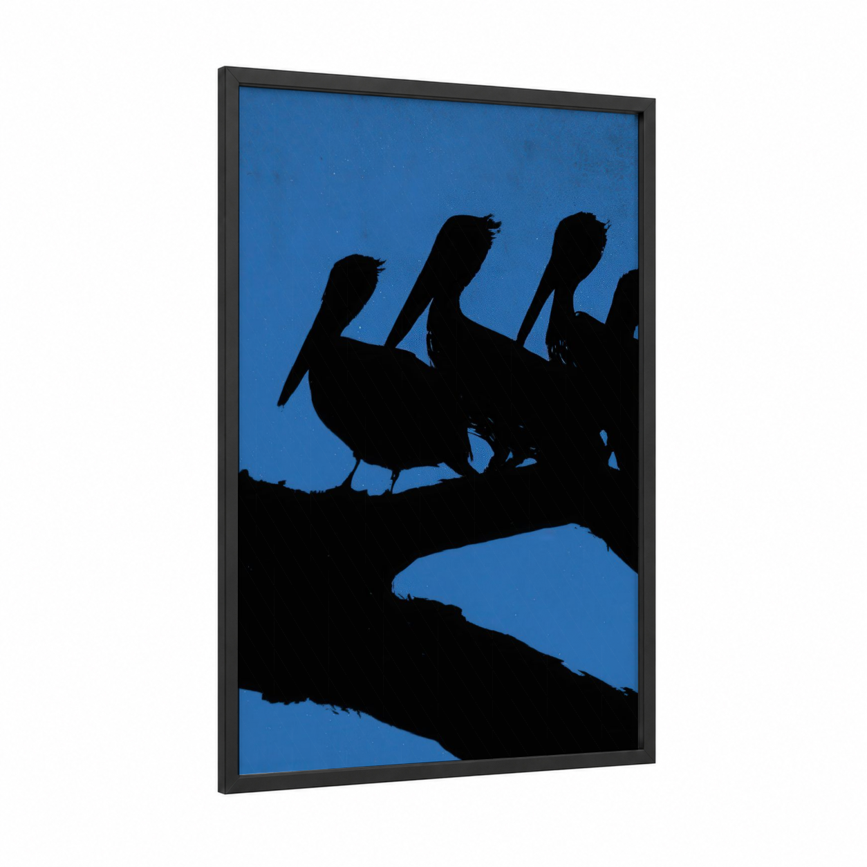 Twilight Pelicans framed art print — black wood frame — blue and black palette