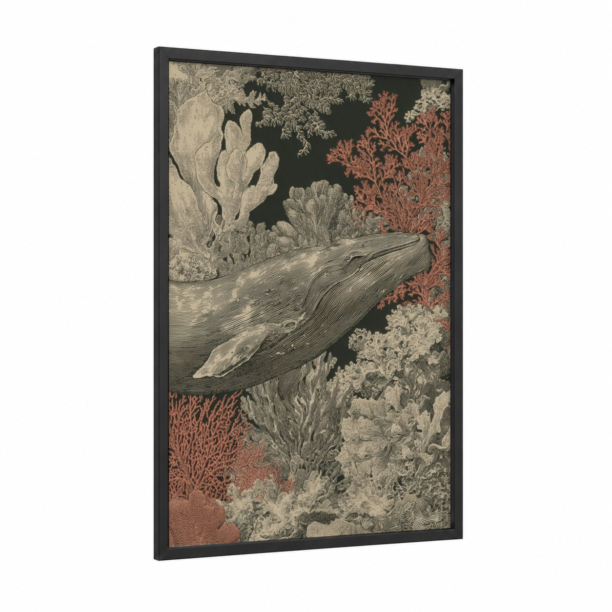 Coral Whale framed gray whale print — black wood frame — cream and russet palette