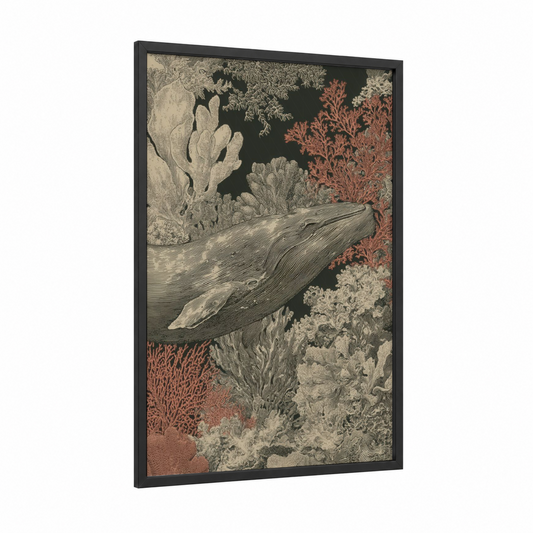 Coral Whale framed gray whale print — black wood frame — cream and russet palette