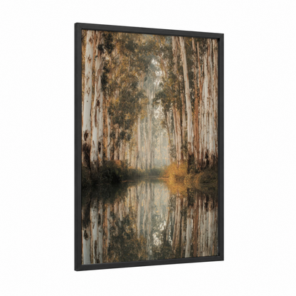Misty Eucalyptus framed eucalyptus forest print — black wood frame — gray and gold palette