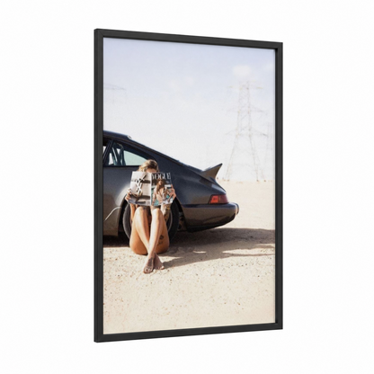 Desert Getaway framed sports car print — black wood frame — gold and black and white palette