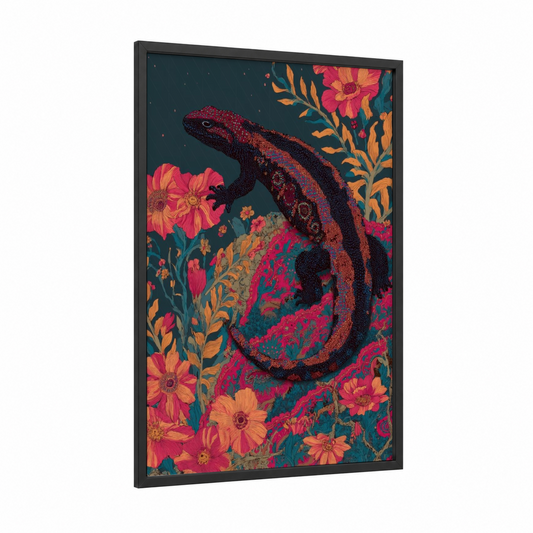 Crimson Lizard Garden framed art print — black wood frame — magenta and gold palette