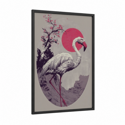 Crimson Flamingo Zen framed art print — black wood frame — magenta and dove gray palette