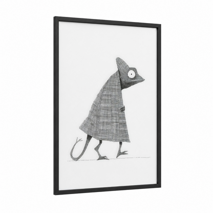 Patterned Chameleon framed art print — black wood frame — black and white palette