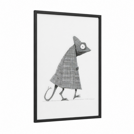 Patterned Chameleon framed art print — black wood frame — black and white palette