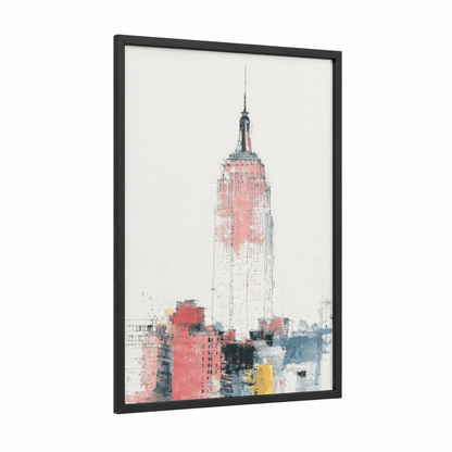Crimson Empire framed empire state building print — black wood frame — salmon pink and gray and white palette