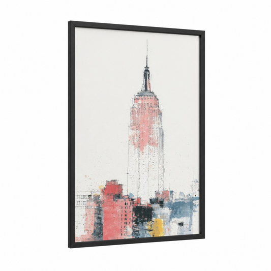 Crimson Empire framed empire state building print — black wood frame — salmon pink and gray and white palette