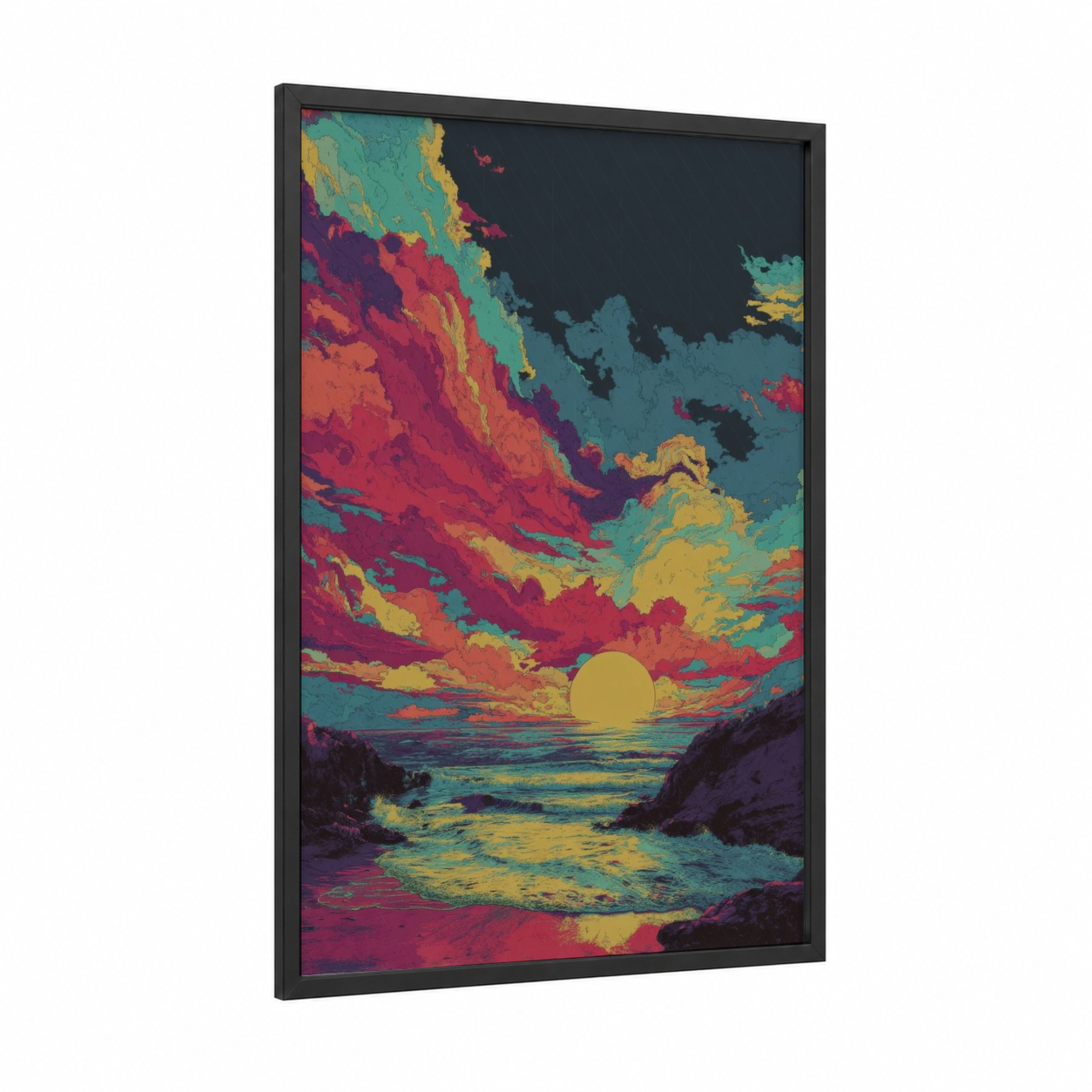 Crimson Sunset Seascape framed beach sunrise and sunsets print — black wood frame — magenta and gold palette