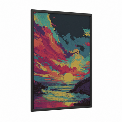 Crimson Sunset Seascape framed beach sunrise and sunsets print — black wood frame — magenta and gold palette