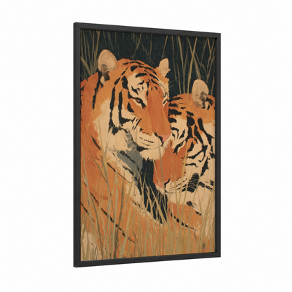 Savanna Romance framed animals in love print — black wood frame — orange and cream palette