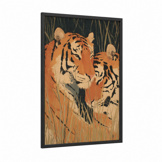 Savanna Romance framed animals in love print — black wood frame — orange and cream palette