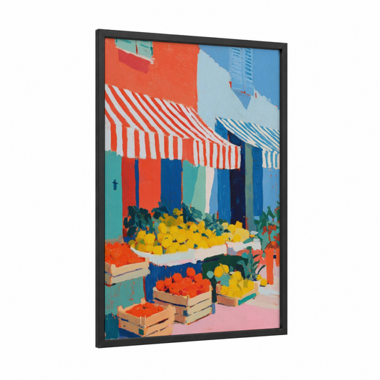 Colorful Market Store framed art print — black wood frame — orange and blue palette