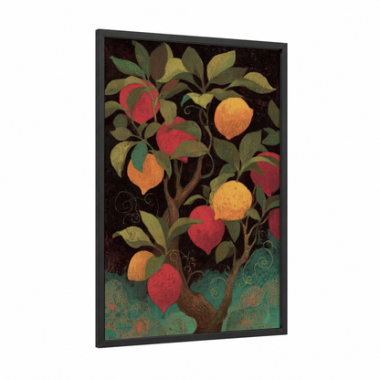 Whimsical Fruit Tree framed fruit trees print — black wood frame — dark green and gold and pink palette