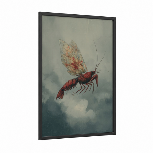 Crimson Crayfish framed art print — black wood frame — red and gray palette