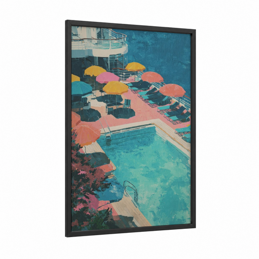 Poolside Cruise Retreat framed cruise ship print — black wood frame — teal and salmon pink palette