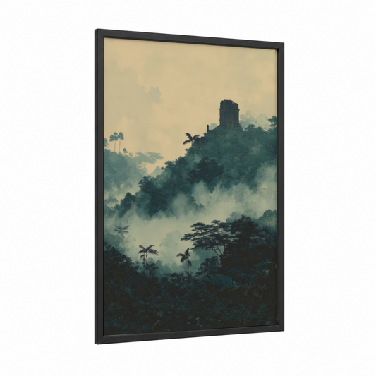 Misty Jungle Ruins framed tropical trees print — black wood frame — cream and dark green palette