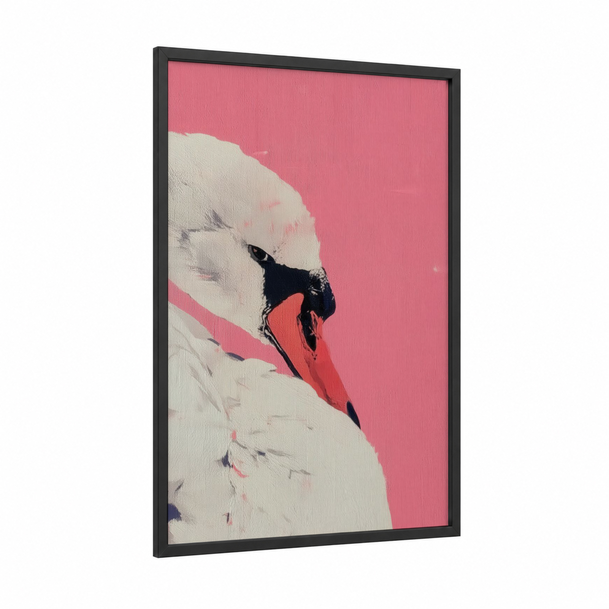 Pink Swan Portrait framed art print — black wood frame — pink and white palette