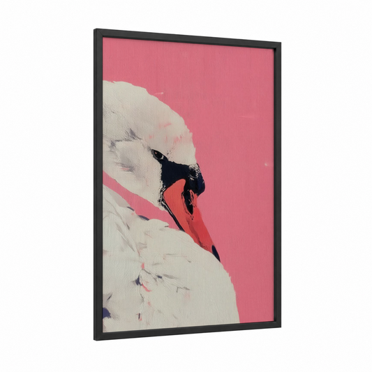 Pink Swan Portrait framed art print — black wood frame — pink and white palette