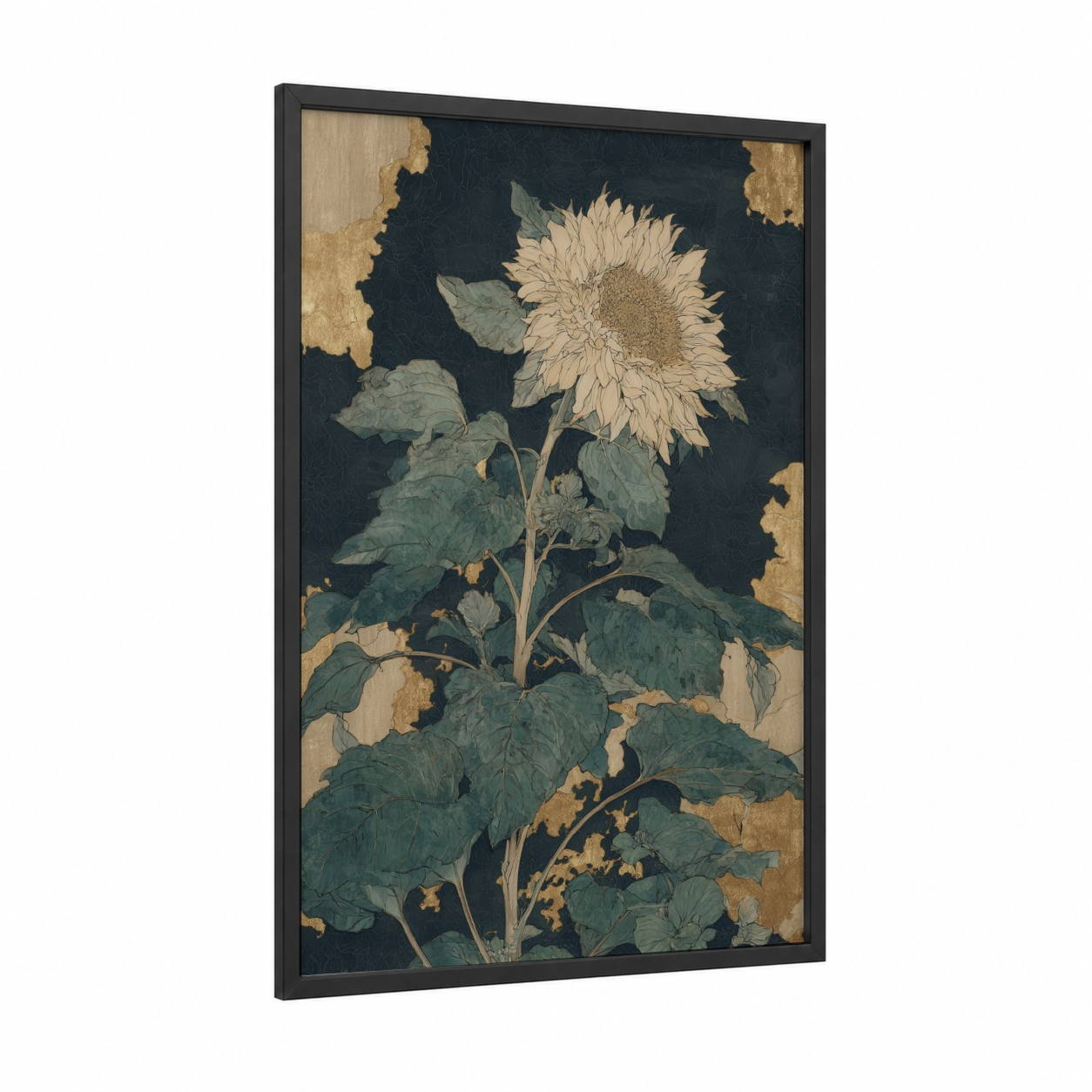 Vintage Sunflower framed art print — black wood frame — dark blue and cream palette