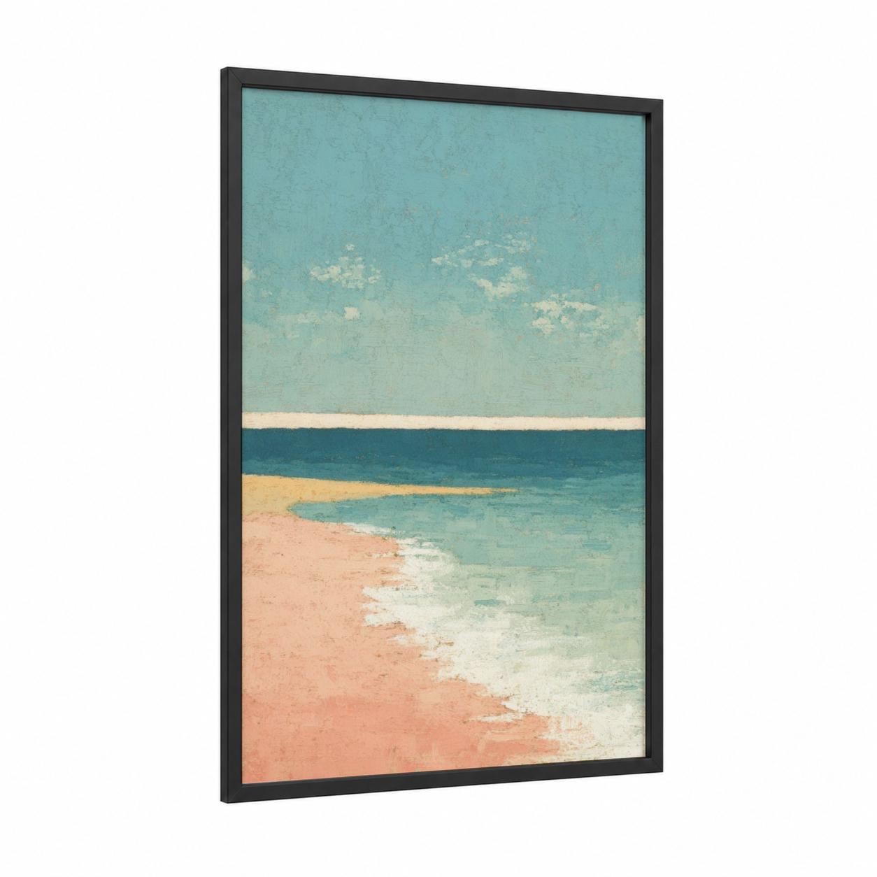 Summer Seascape framed art print — black wood frame — turquoise and salmon pink palette