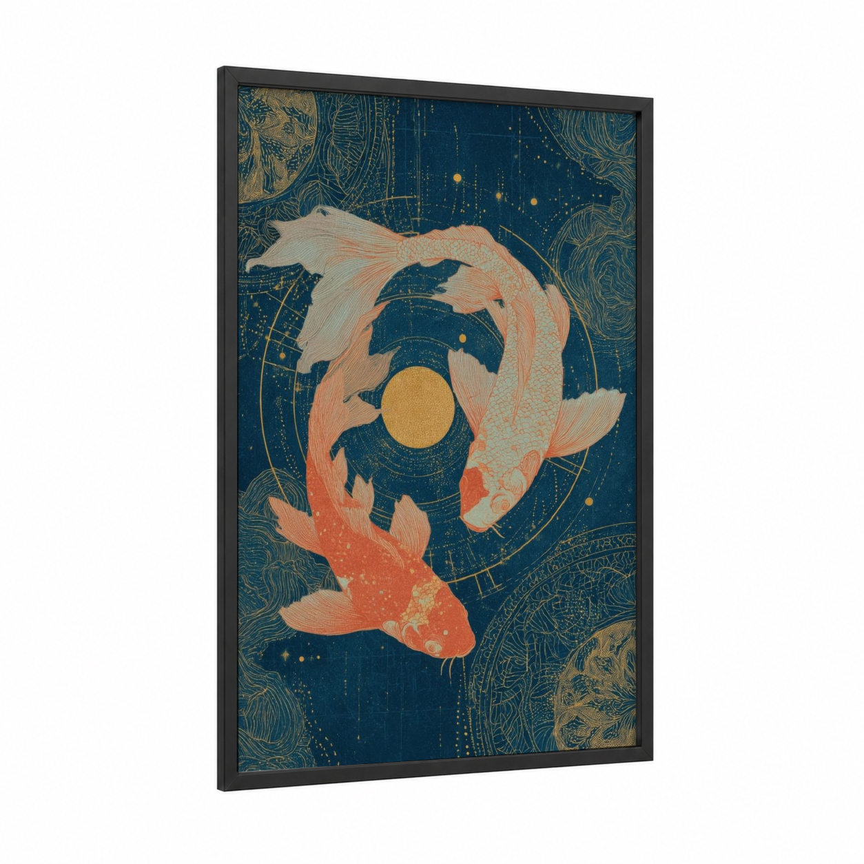 Celestial Pisces framed art print — black wood frame — dark blue and gold palette