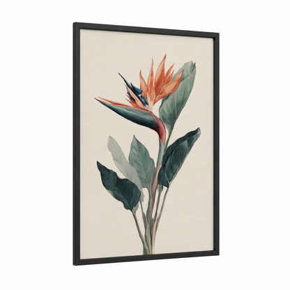 Tropical Bird Paradise framed birds of paradise print — black wood frame — cream and sage green palette
