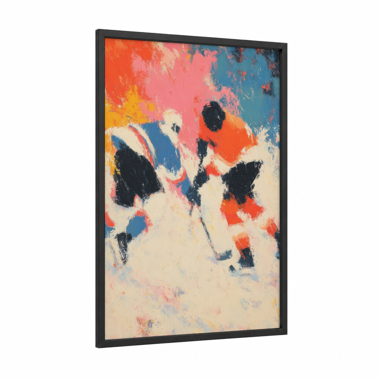 Dynamic Hockey Clash framed ice hockey print — black wood frame — orange and blue palette